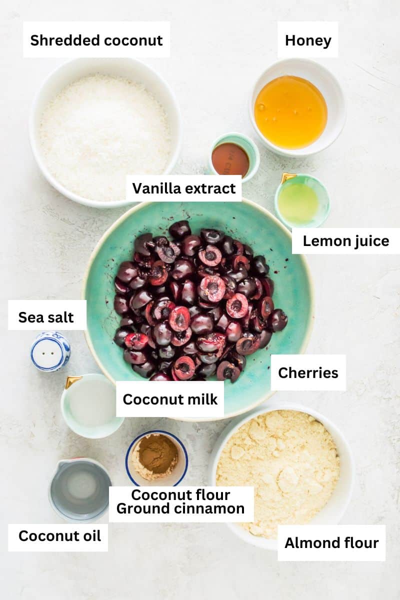 The ingredients needed to make a paleo cherry crisp separated into bowls including fresh cherries, almond flour, shredded coconut, honey and lemon juice.